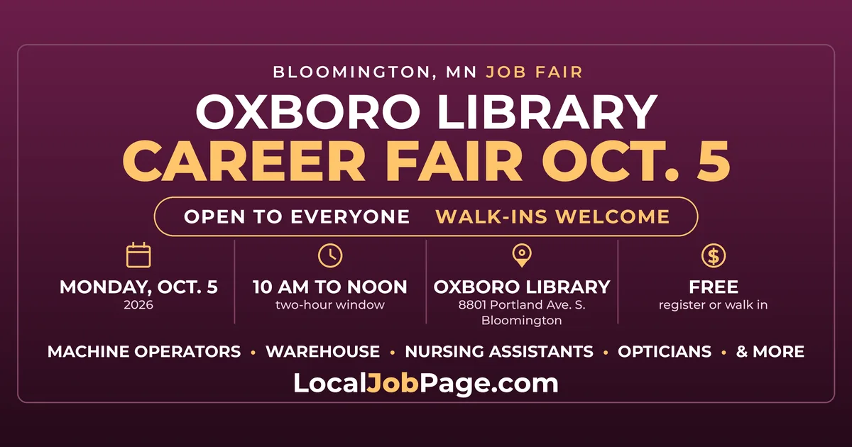 Bloomington Career Fair Oct. 5: Warby Parker, MN Veterans Home and More at Oxboro Library