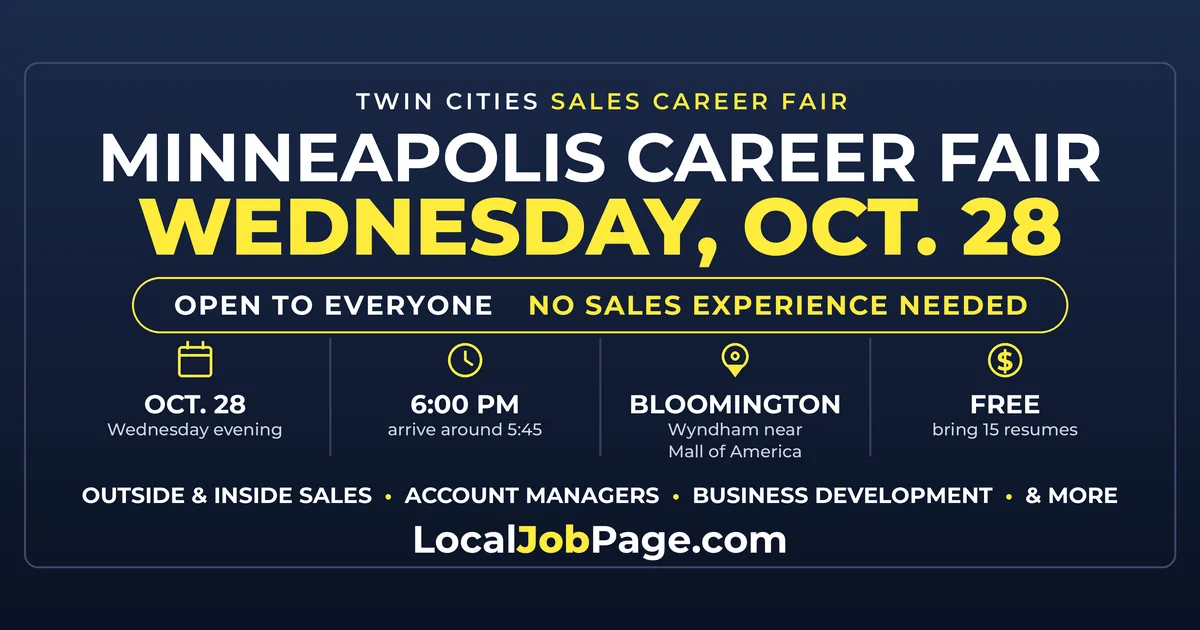 Minneapolis Career Fair Oct. 28: Evening Sales Hiring Event in Bloomington